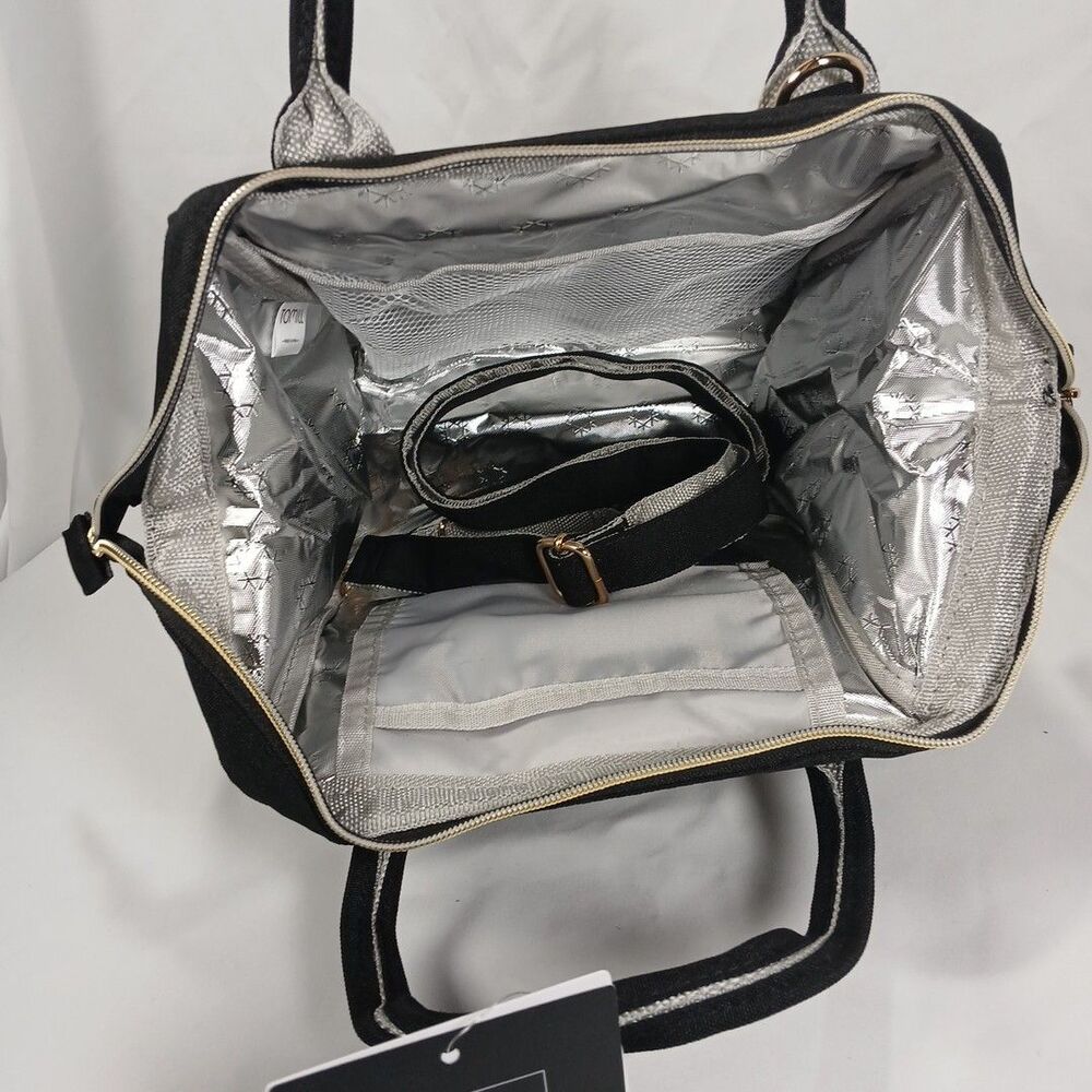 Tomill Insulated Cooler Lunchbox Tote Bag Black with Gold Zippers New Tags - Picture 6 of 7